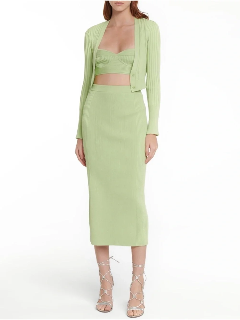 JONATHAN SIMKHAI Compact Rib Cropped Cardigan‎ Bra Top Midi Skirt Set Pear XS/S